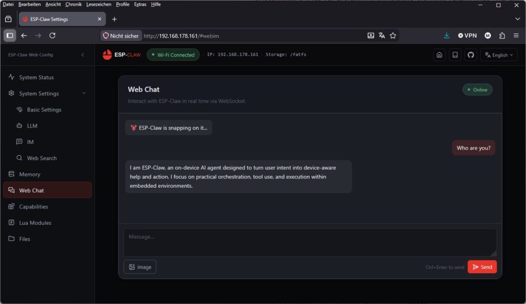 ESP-CLAW running chat dialog