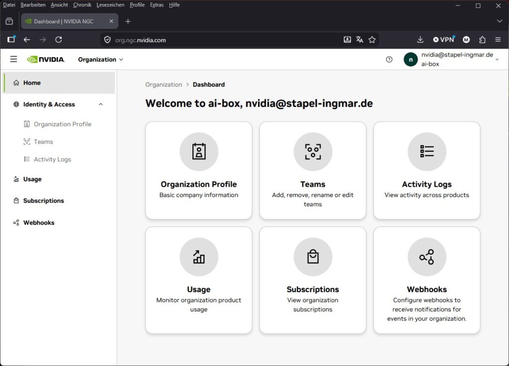 NVIDIA ngc Dashboard Organisations-Verwaltung
