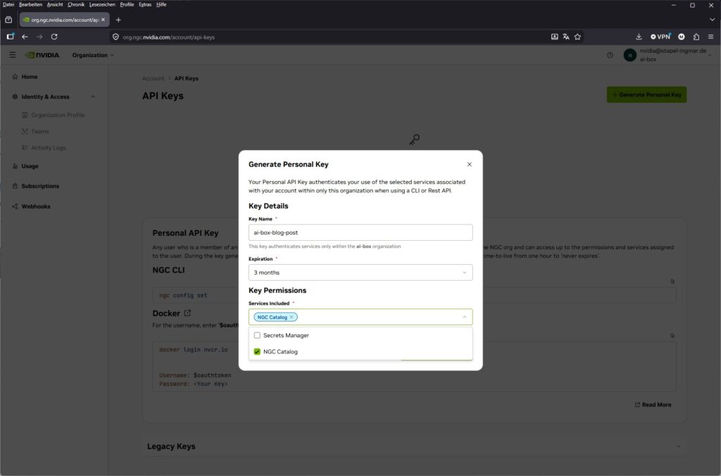 NVIDIA ngc dashboard personal key config
